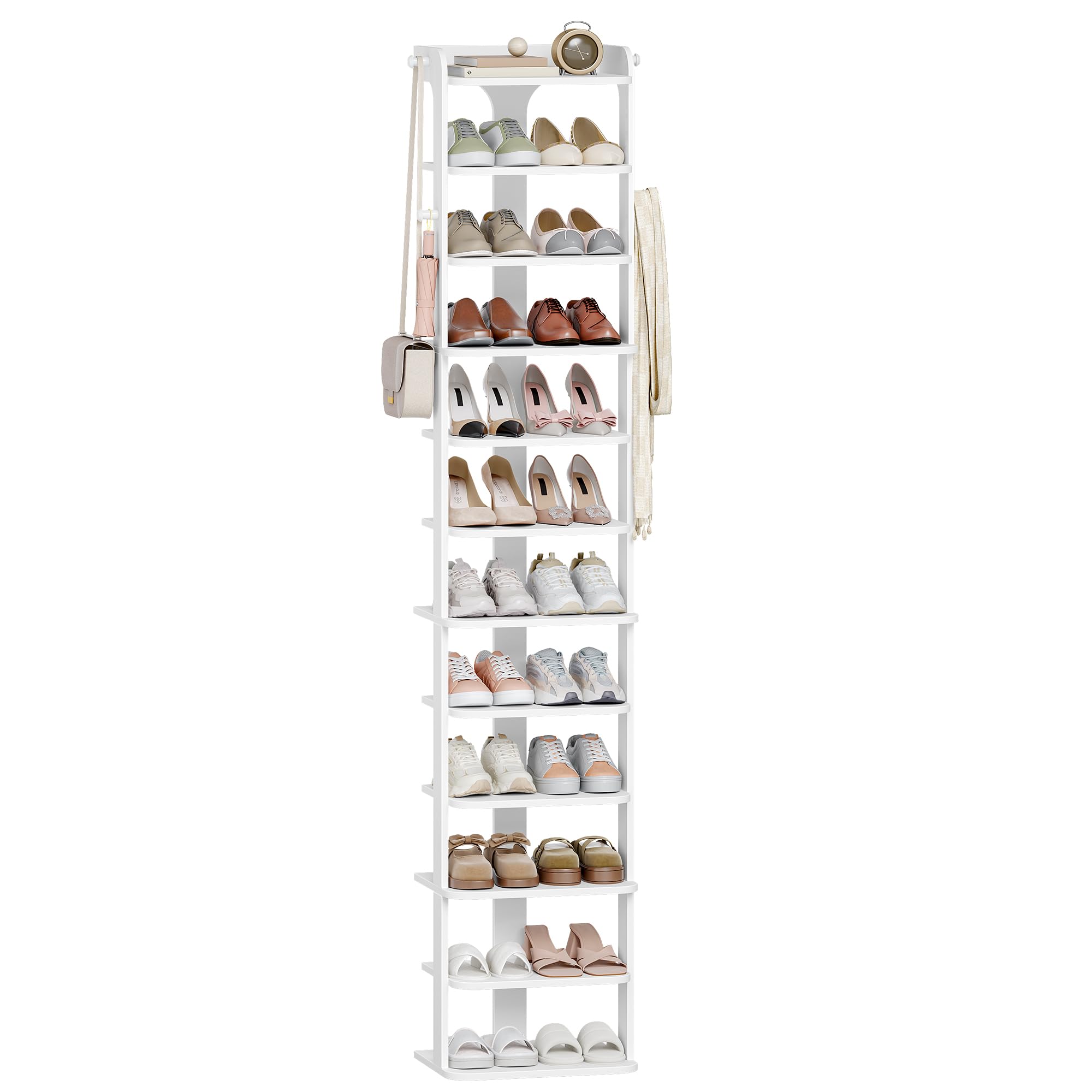 Hzuaneri Schuhregal, 12 Ebenen, Platzsparend, mit Haken, 40B cm, Weiß | Holz-Schuh-Organizer, VerstellbarGeeignet für Eingang, Flur, Wohnzimmer, SR22203X