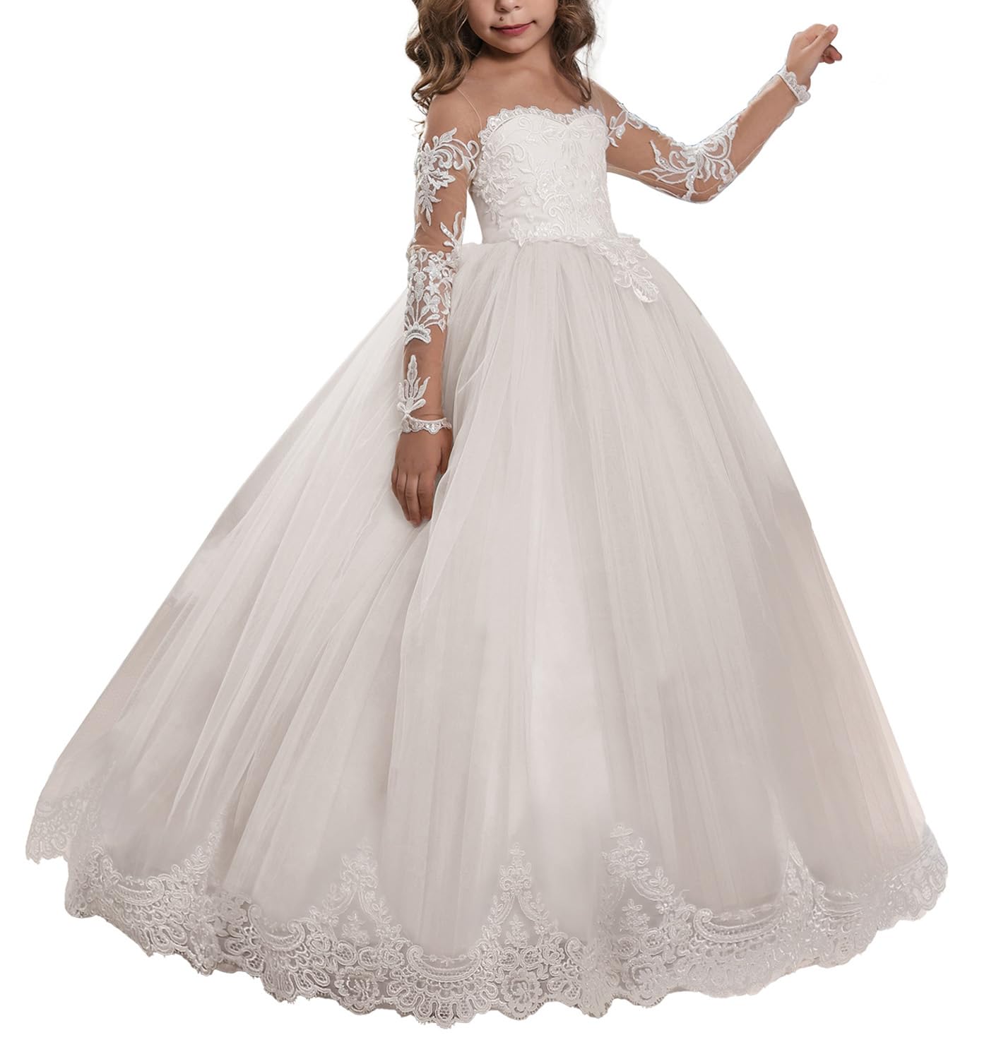 Abaowedding Lace Embroidery Sheer Long Sleeves Kids Trailing Gowns