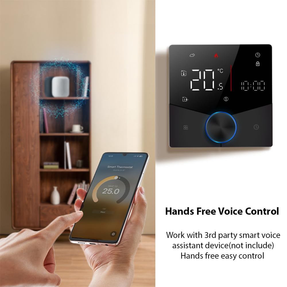 Termostato wireless Matter per riscaldamento elettrico a pavimento con controllo APP e assistente vocale Schermo touch digitale a LED colorato Manopola regolabile Controllo preciso della temper