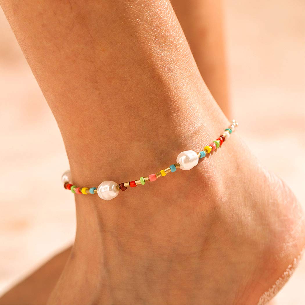 OGenbree Bh Anklets Beaded Ankle Bracelet Pearl Anklet Silver Summer Beach Ft Chain Jewelry fr Wmen