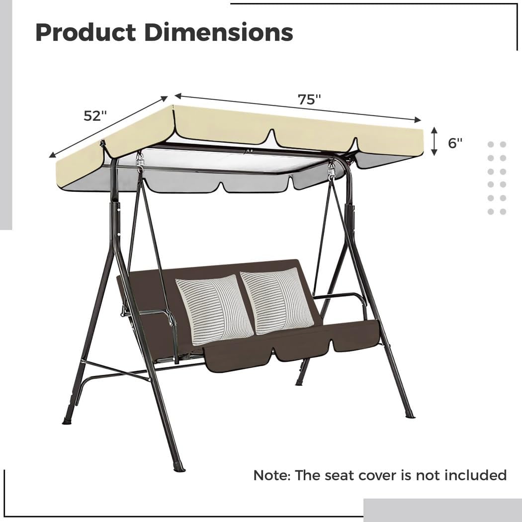 Porch Swing Chair Perfect Sunshade Replacement, Sunproof & Waterproof, 75 X 52 X 6’’, Patio Swing Canopy For Three-Seat Swings, Made Of 190T High-Density Polyester