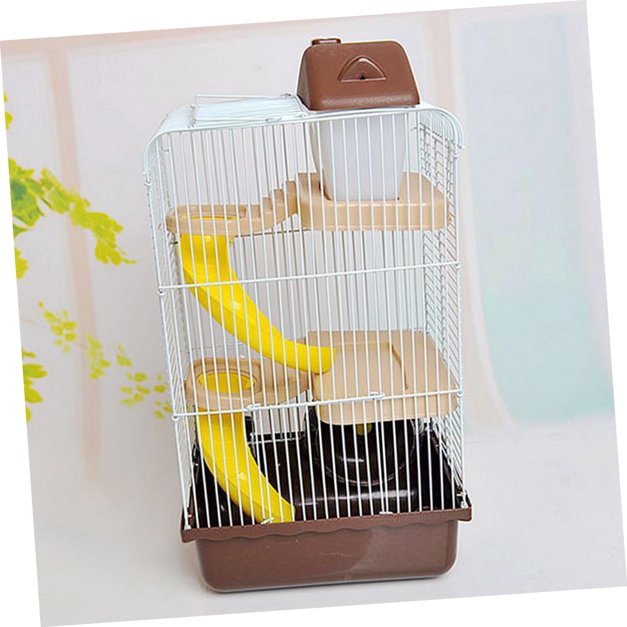 Dreistöckiger Hamsterkäfig Luxus Villa Käfig mit DREI Ebenen | Kaffeefarbene Ausführung, Pp und Eisendraht, 23x17x45cm, Laufrad und Auslaufsichere Trinkflasche