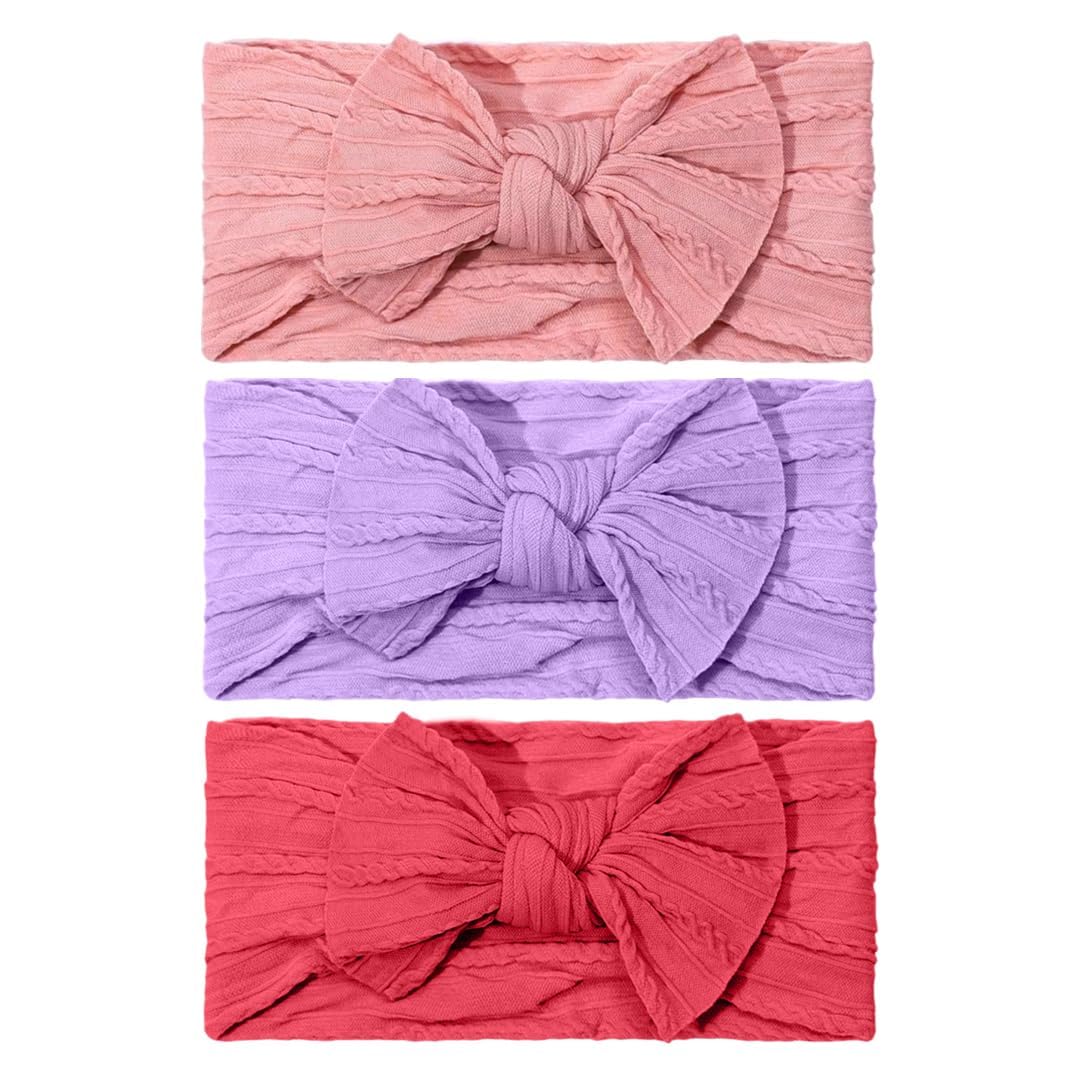 SYGA Pack of 3Baby Headbands Soft Nylon Bow Hairbands Strechable for Newborns, Infants, Toddlers and Kids 0-3 Years(Pink-Purple-Red)