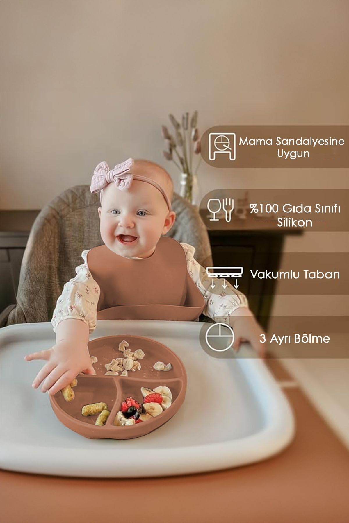 Meleni Baby Vakumlu Silikon Bebek Mama Tabağı - Bölmeli Vakum Tabanlı Tabak Bebek Beslenme Tabağı - Kahverengi