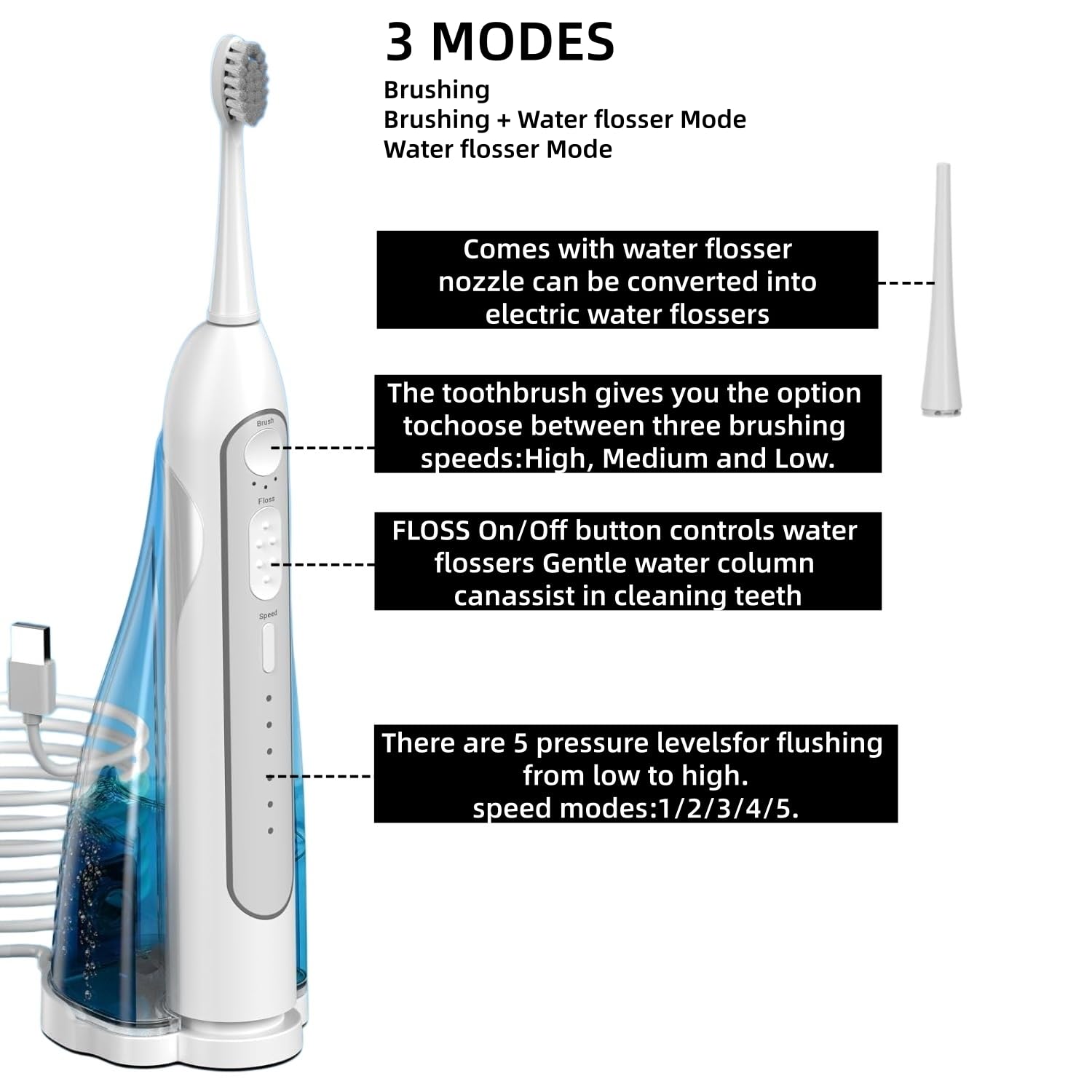 Cepillo de dientes eléctrico con hilo dental de agua, cepillo de dientes portátil, IPX8 impermeable, cabezal de cepillo y boquilla equipados, para viajes y hogar, color blanco