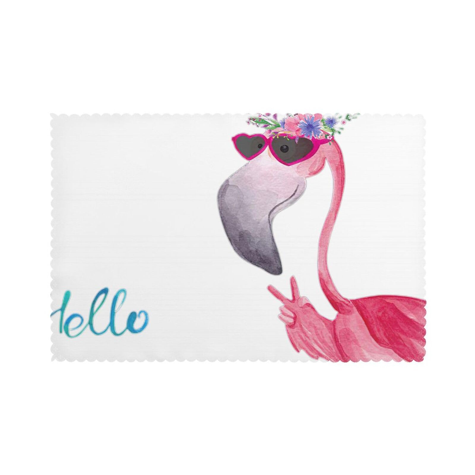 Hello Glasses Flamingo Print Placemats Set Of 6, 12x18 Inch Polyester Washable Heat Resistant Kitchen Dining Table Mats