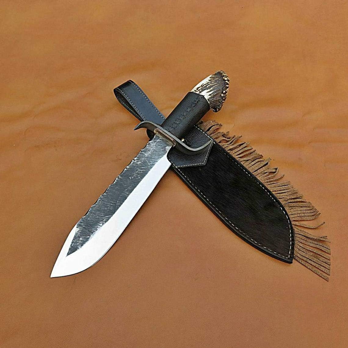 KE-01036-HK Custom and Handmade unique design D2 steel Hunting Fixed Blade knife Antler Crown with leather sheath