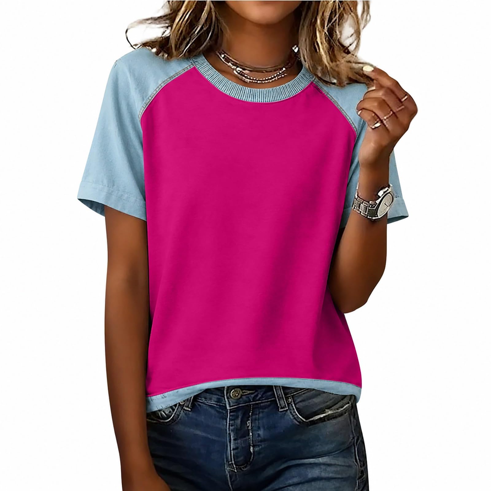Maglietta da donna raglan, girocollo, maniche corte, ampia, basic