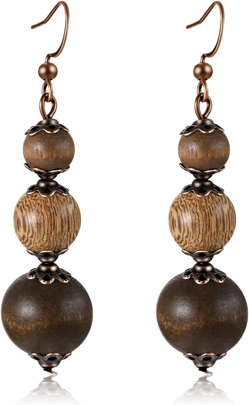 2PCS Vintage Brown Wood Beaded Dangle Drop Earrings for Women Gift