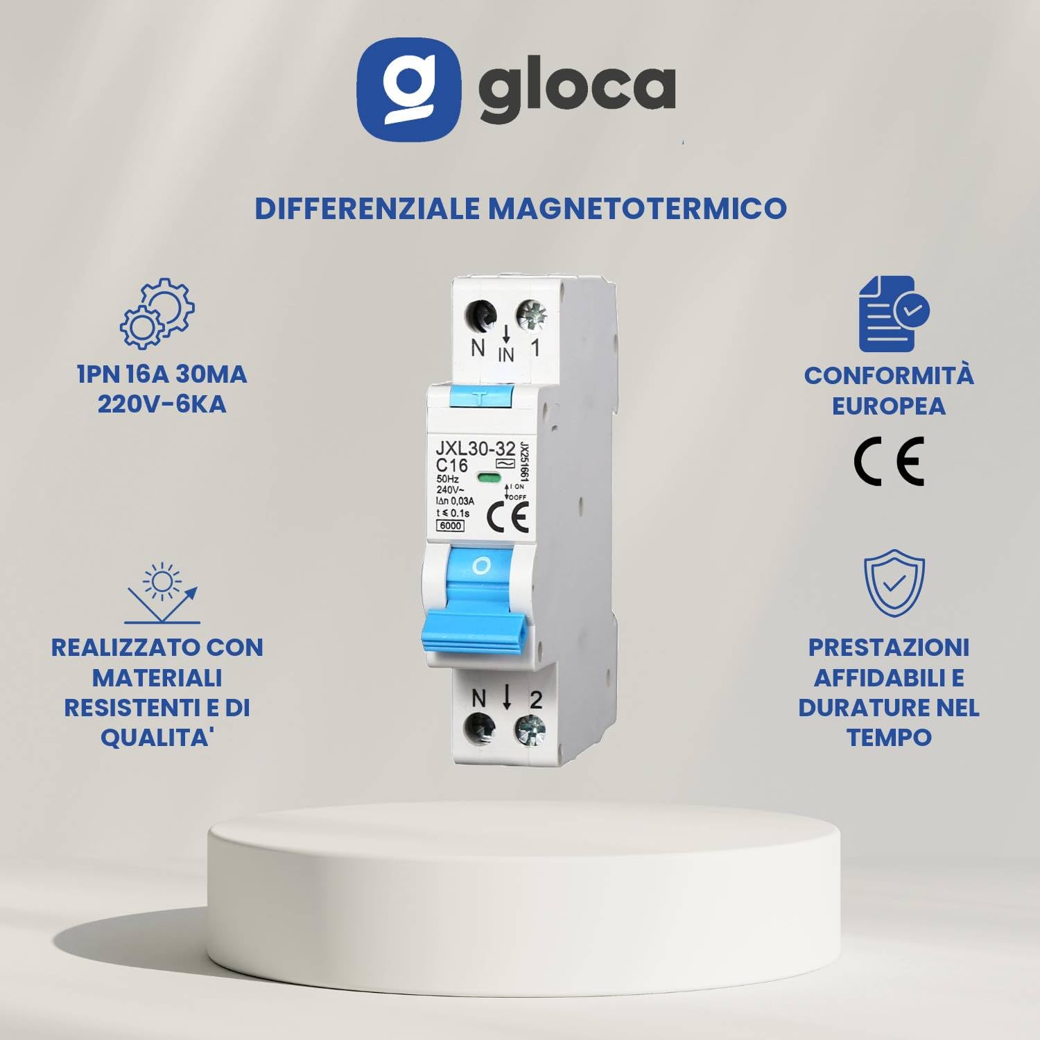 gloca Interruttore Magnetotermico Differenziale 1P+N 16A 30mA 220V 6KA 1 Modulo DIN C16