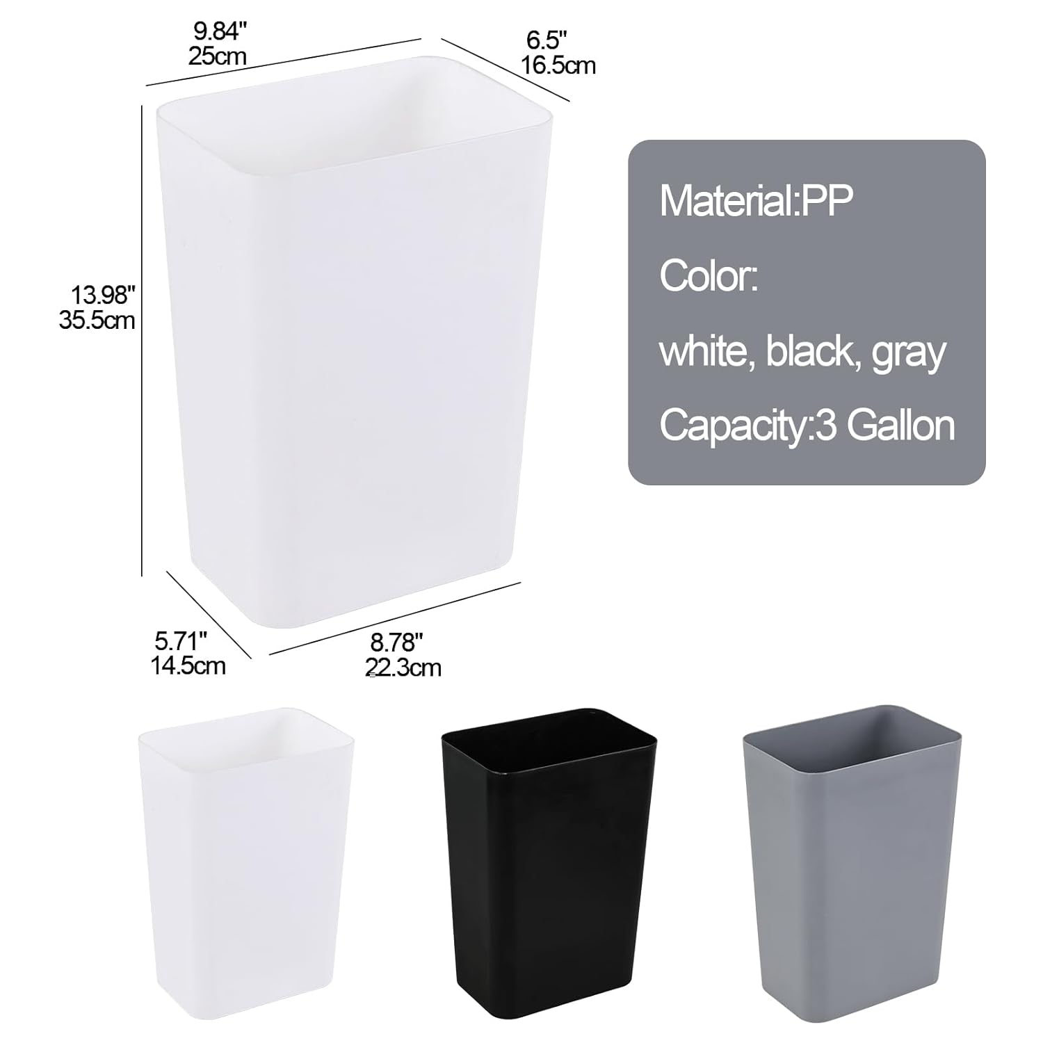 2-Pack Small Trash Can Plastic Bathroom Wastebasket 3 Gallon Slim Garbage Container Bin for Home Kitchen Bathroom Bedroom Office (White)