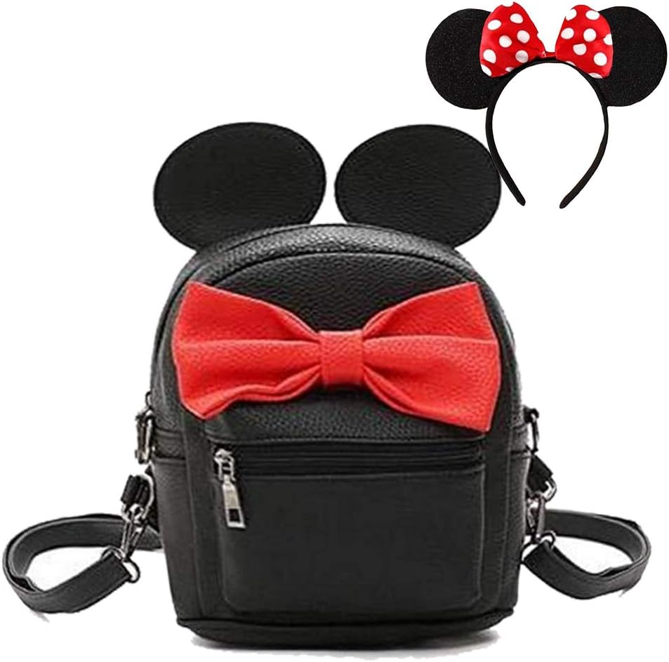 Puyang Girl Mini Mouse Ears Pu Leather Backpack with Red Polka Dot Bow Headband for Amusement Park School(Black+red)