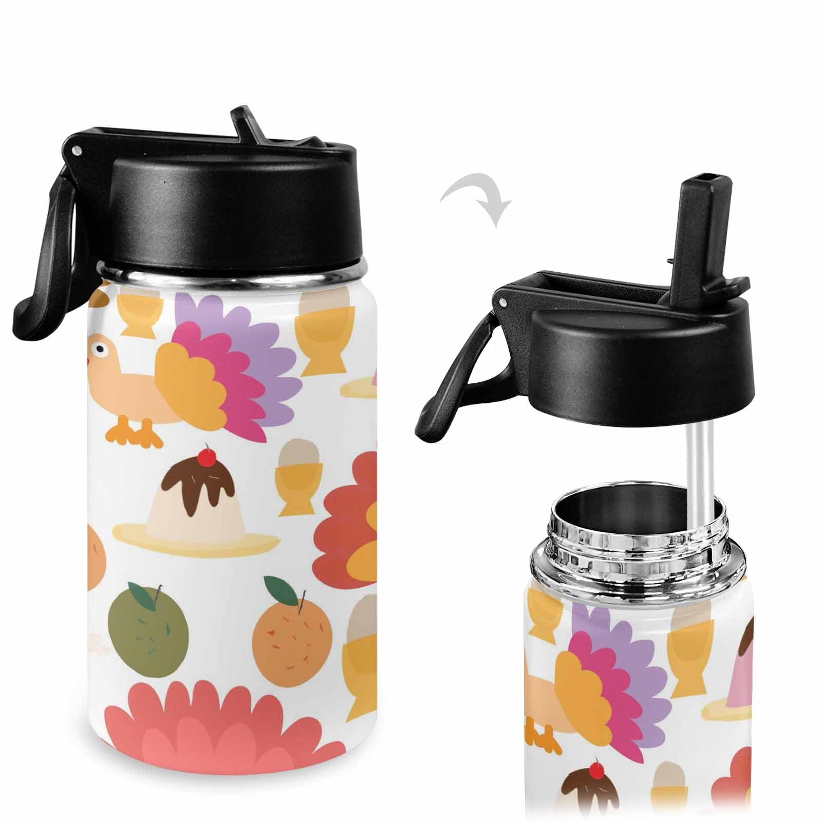 InterestPrint Thanksgiving Tukey Kids Leak Proof Water Bottle with Straw Adult Insulated Thermos 12 OZ for School Travel Work