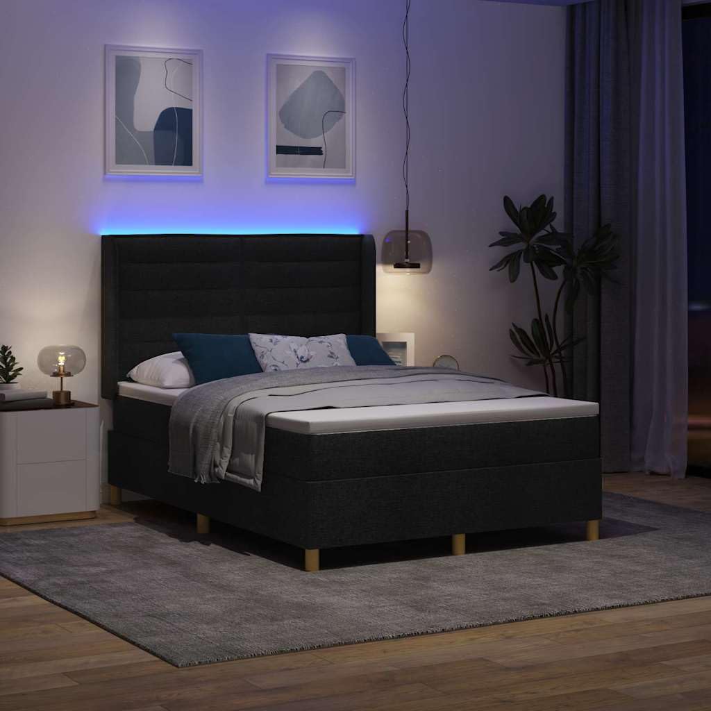 vidaXL Łóżko sprężynowe z paskami LED Czarny 140 x 190 cm tkanina