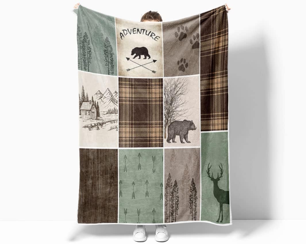 Cabin Retro Rustic Lodge Flannel Throw Blankets, Bear Deer Country Hunting Wild Animal Cozy Warm Bed Couch Blanket, White Fleece Flannel Throws to Decorate The Room and Bedroom Camping Travel