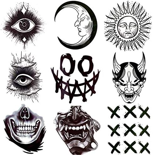 Oottati Waterproof 9 Sheets Back of Hand Fake Temporary Tattoo Stickers - Black Halloween Skull Horror Eye Devil Sun Moon Totem (Halloween)