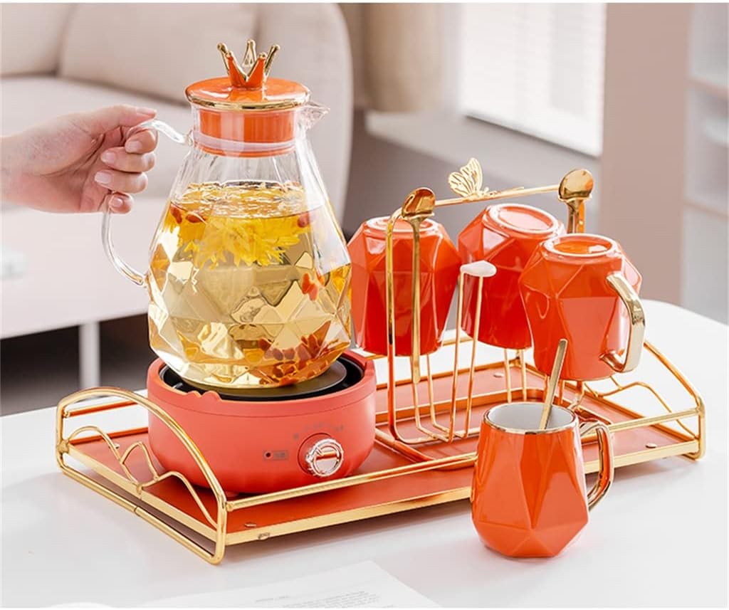Nordic Water Cup Set Ceramic Water Set Cup Hospitality Home Set Living Room Glass Kettle with Hot Base (Color : A, Size : 4-Cup kit)