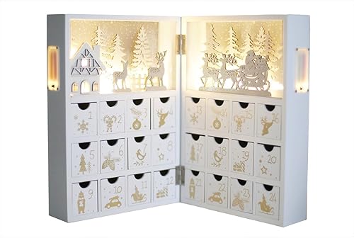 PIONEER-EFFORT Calendario de Adviento navideño de madera con escena de bosque invernal iluminada por LED, cuenta regresiva de 24 cajones con diseño