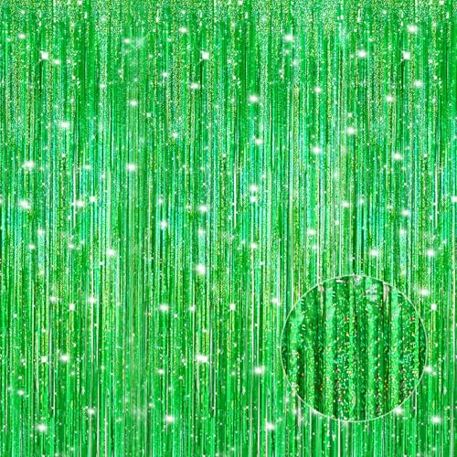 Image of Crosize 5 Pack 3.3 x 9.9 ft Laser Green Foil Fringe Curtains Party Decorations, Laser Green Tinsel Curtain Backdrop for Parties, Door Streamers, Glitter Streamer Backdrop for Birthday Decoration