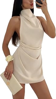 SISKIN Halter Backless Mini Dresses for Women Satin High Neck Sleeveless Formal Wedding Guest Party Dresses