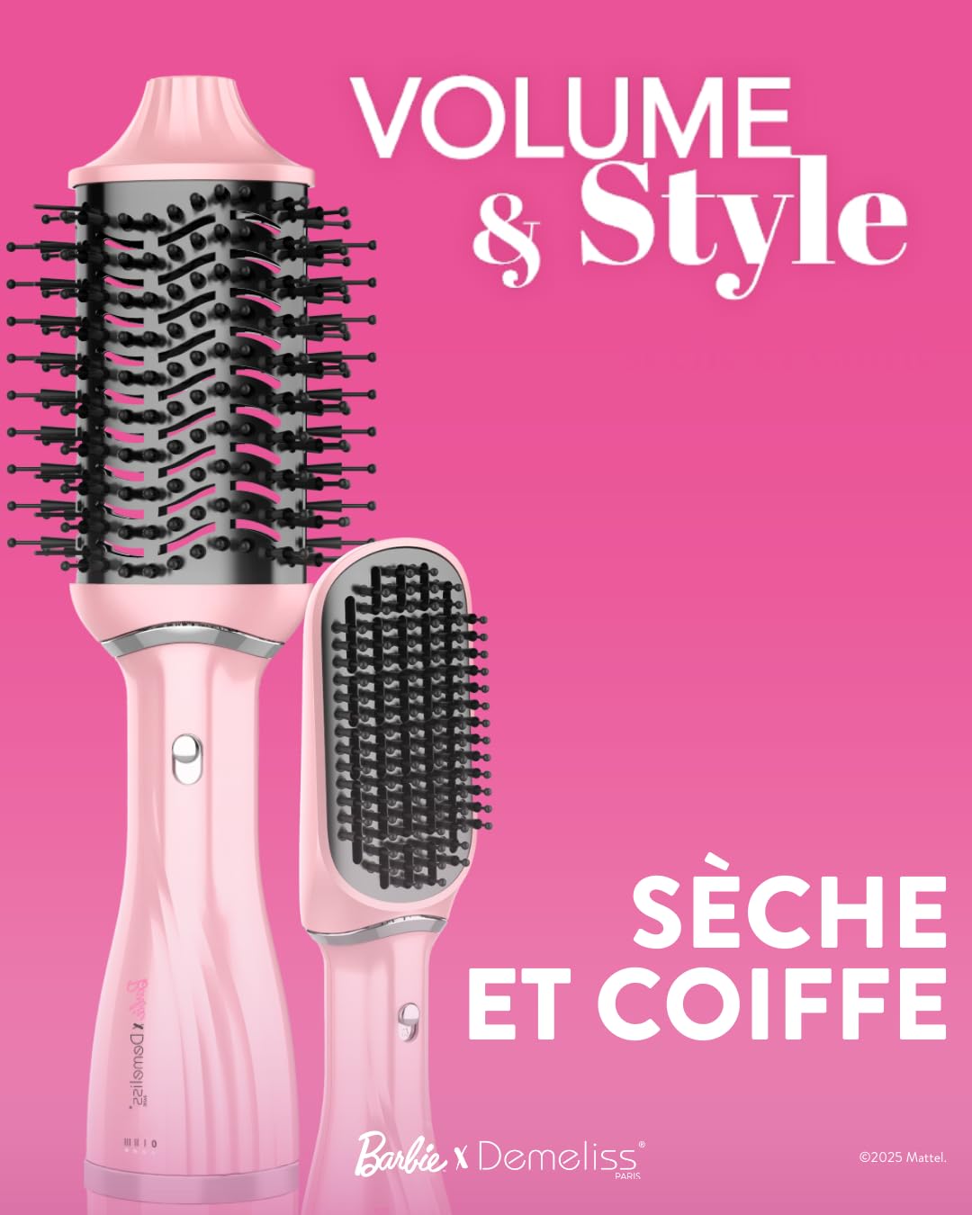 Demeliss VOLUME & STYLE Brosse Soufflante 2 en 1 Barbie™ – Sèche, Coiffe Tous Types Cheveux – 2 Têtes Interchangeables – Revêtement Céramique – 3 Températures – Brushing Volume Professionnel