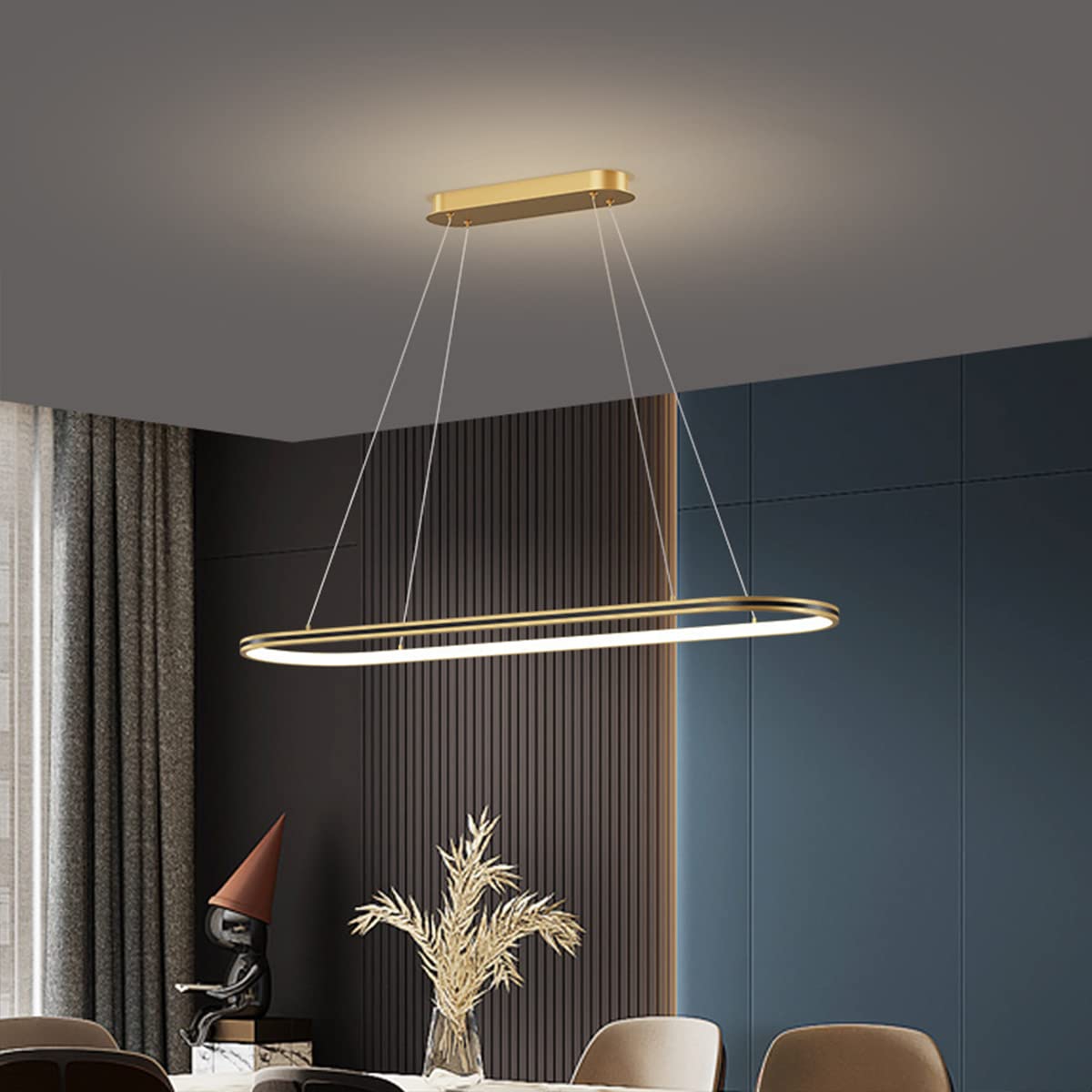Bellastein Modern Dining Table Pendant Lamp LED Dimmable Pendant Lamp Oval Height Adjustable Chandelier with Remote Control Dining Room Pendant Lamp Creativity Kitchen Living Room Lamp (Gold, L120cm)