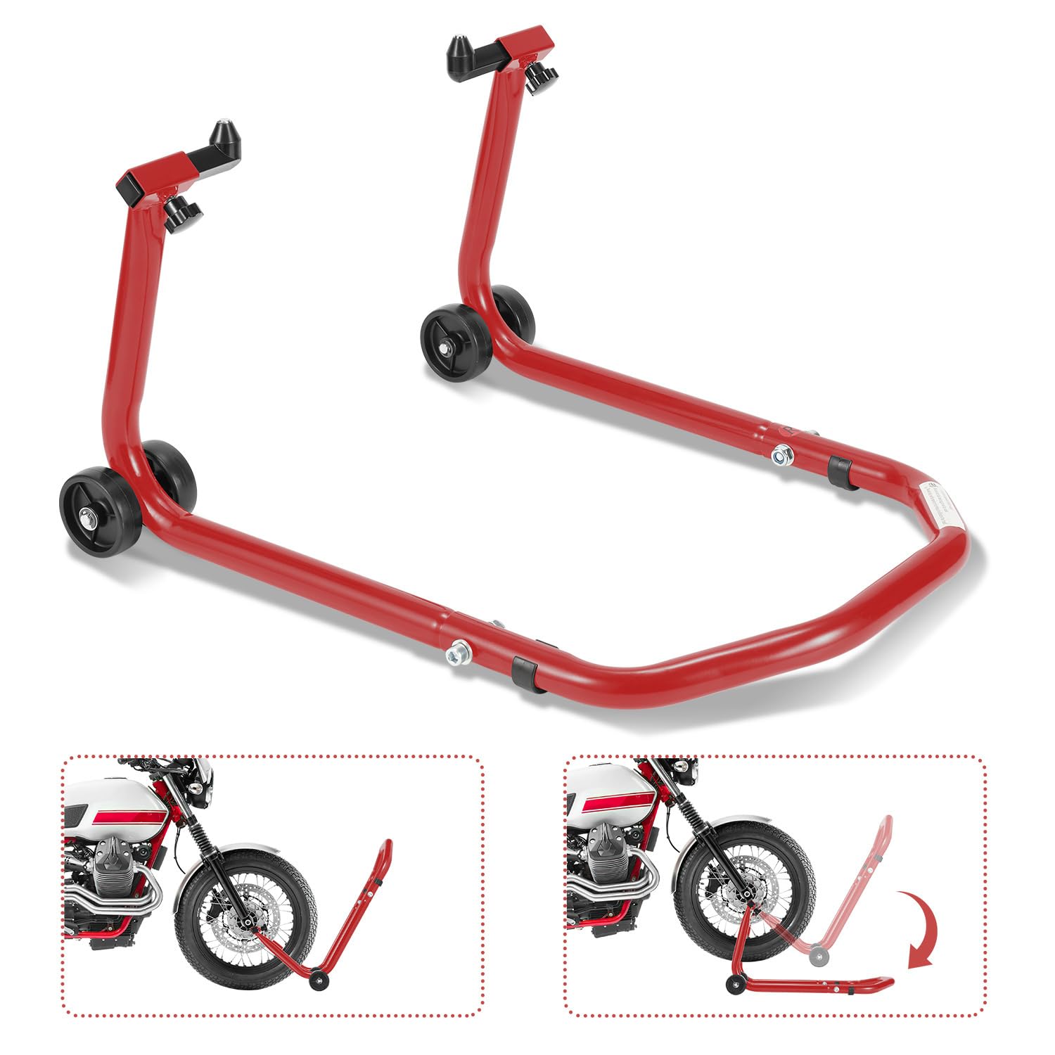 Stojak na motocykl, podnośnik do motocykla, przedni stojak z podwójnymi kółkami, regulacja szerokości, prace montażowe do 300 kg, stabilność (czerwony)