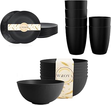 Wrova wheat straw bowls 40oz set of 6 and 10in flat plates sets with 20oz cups set of 6 - unbreakable dinnerware sets of 20 - Black Series
