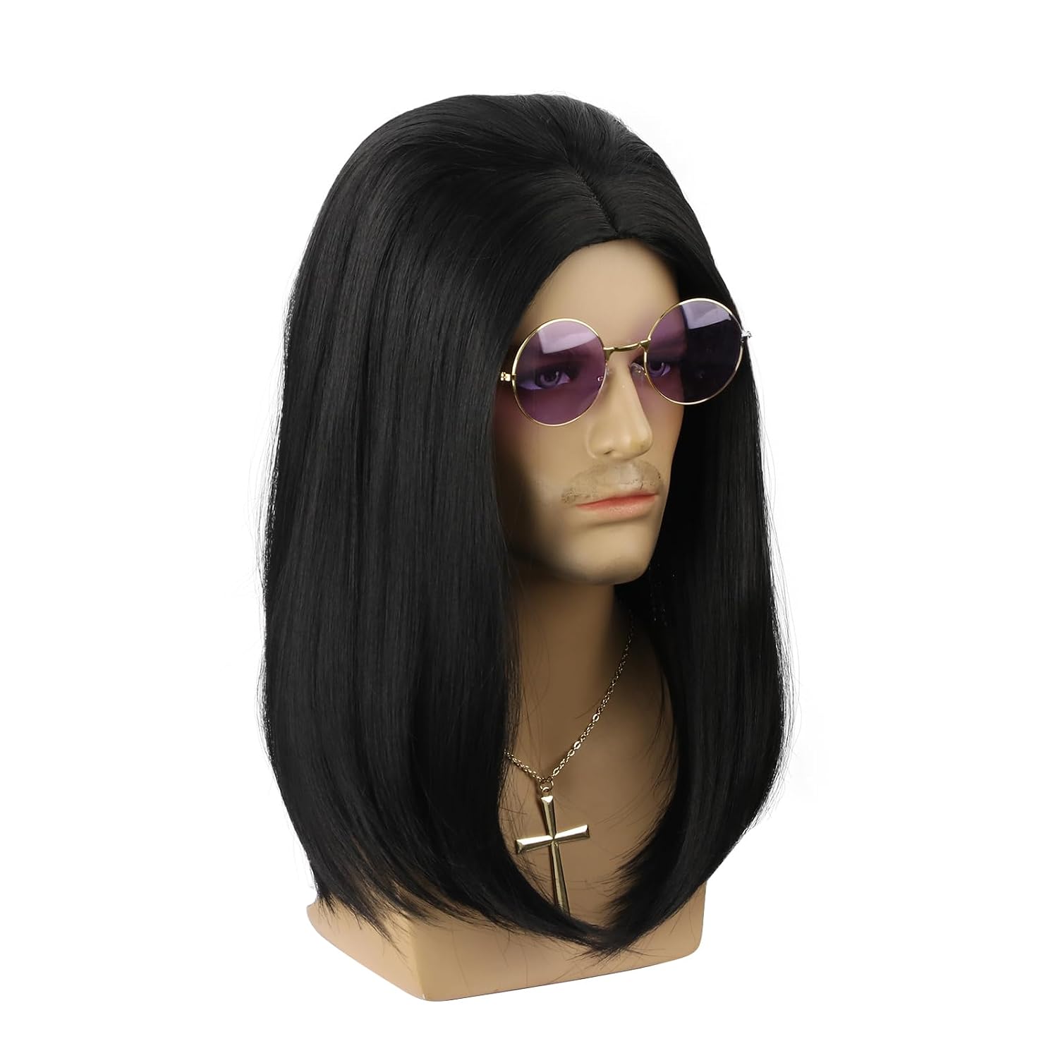 70s 80s Long Black Straight Men's Wig Medium Length Man Hair with Retro Sunglasses and Cross Necklace
