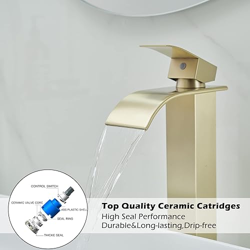 Miniatura 7 de BWE Grifo de lavabo de buque, grifo dorado cepillado para lavabo de baño, grifo de baño alto de cascada de una sola manija, grifo de lavabo de
