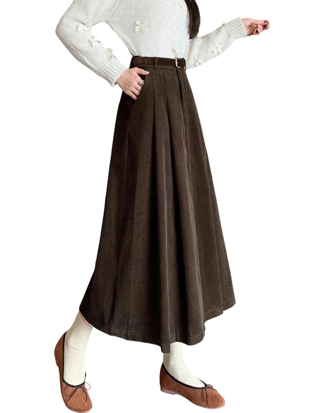 Women Elastic High Waist A-line Corduroy Maxi Skirt Loose Big Swing Umbrella
