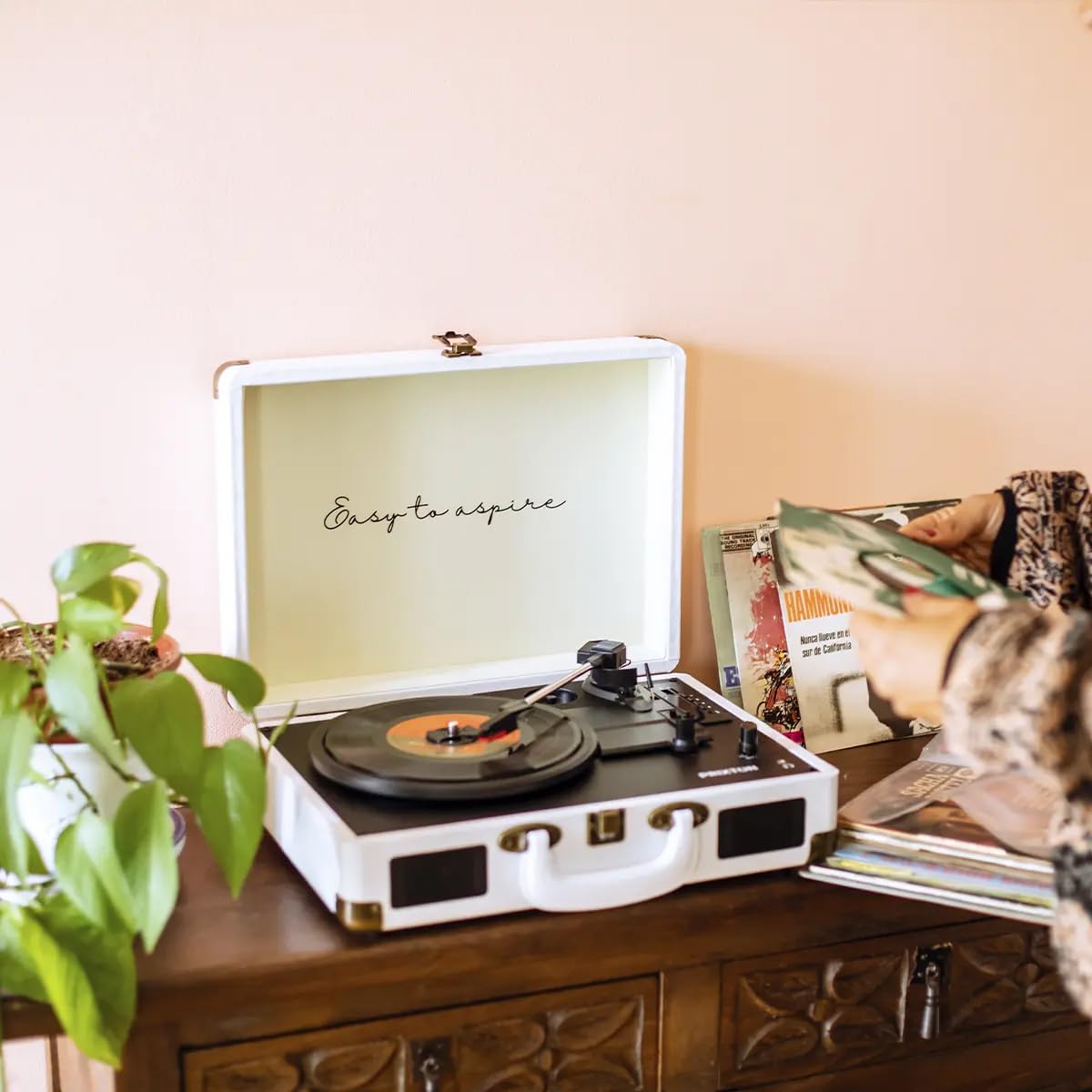PRIXTON Platine Vinyle VC400, Tourne-Disque Vintage avec Bluetooth, Lecteur et Convertisseur des vinyles, 2 Haut-parleurs intégrés, Design Mallette, 3 Vitesses 33/45/78, Couleur Blanc