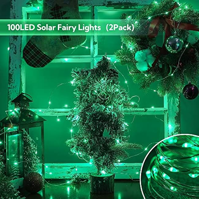 Woohaha 2 Pack 100 LED Solar Green String Lights, 33ft Waterproof Green Solar Fairy Lights for Christmas Tree Party Wedding Halloween St. Patrick's Day Decor