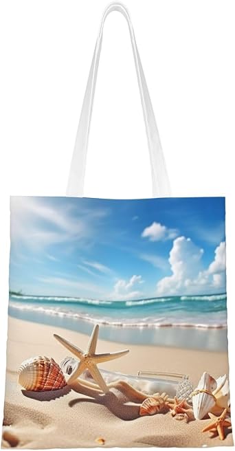 Canvas Tote Bag For Women, Large Shoulder Bags Pretty Beach And Seashell In Blue Sky Shopping Bag With Pockets Cute Reusable Grocery Bags