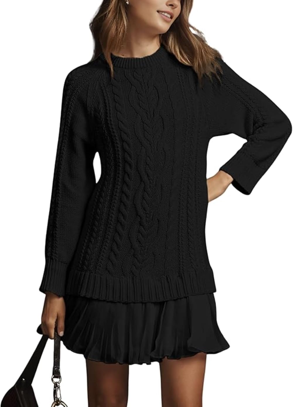 CHARTOU Women Chunky Cable Pullover Sweater Dress Fall Winter Lace Patchwork Long Sleeve Jumper Knit Sweater