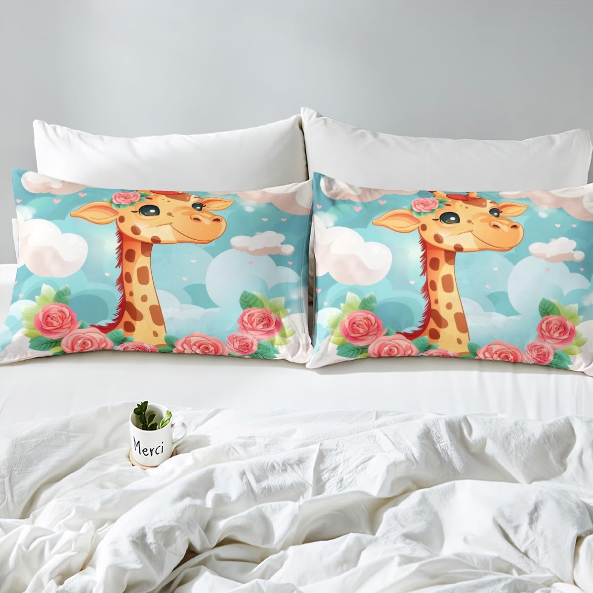Drap Housse 90x190 Girafe Mignonne Rose - Parure De Lit Enfant Fille Microfibre