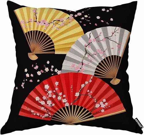 AOYEGO Funda de almohada con diseño de abanico japonés, rama de flor de cerezo asia, plantas artísticas y florales, elegante funda de almohada de