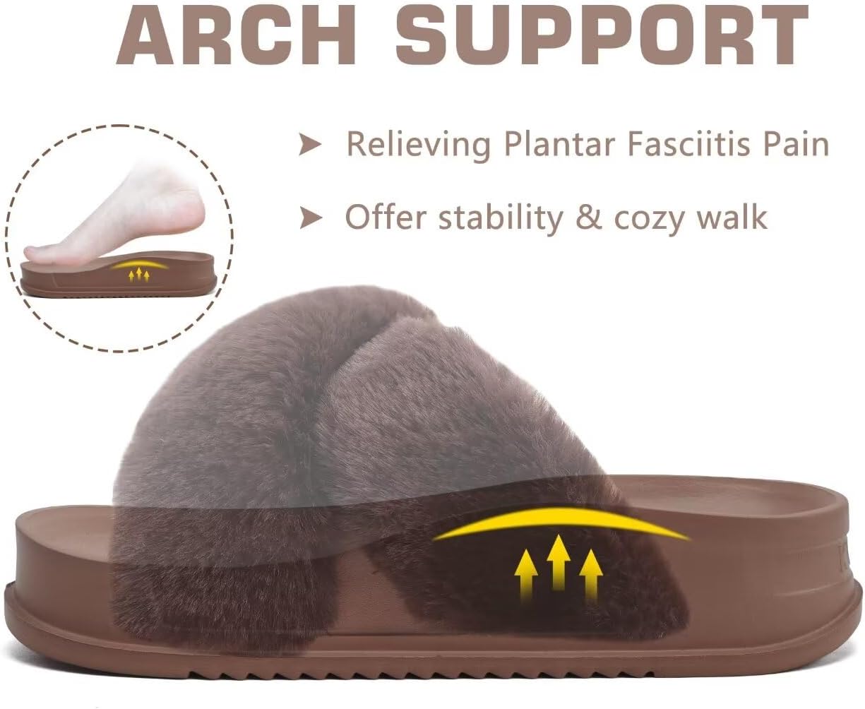 KuaiLu Women's Fuzzy Cross Band Platform Slippers Furry Faux Fur Comfortable Arch Support Open Toe Slides for Indoor Outdoor - Image 3