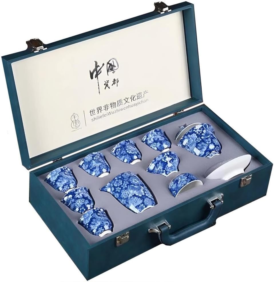 Premium Blue and White Porcelain Tea Set 11 Pieces Vintage Chinese Ceramic Tea Set Portable Travel Kungfu Tea Set Gift Packaging in Case - Ideal for Tea Lovers
