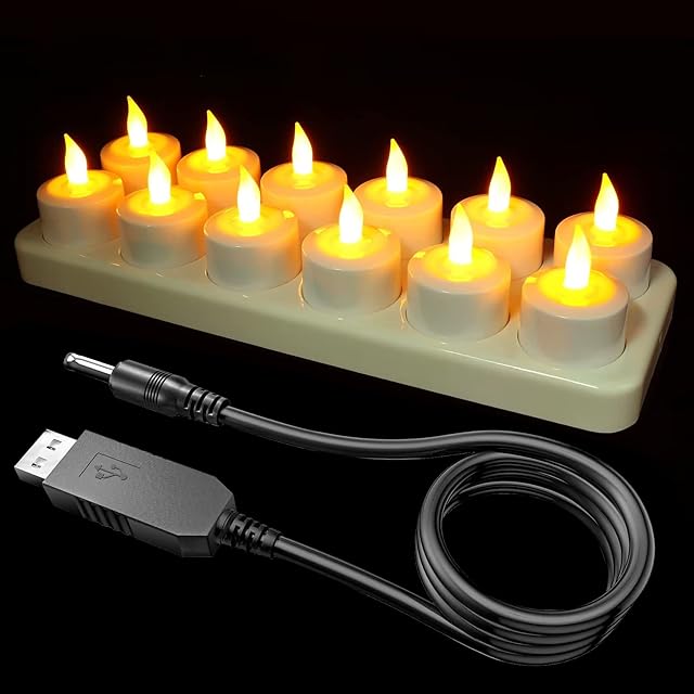SoulBay Rechargeable LED Candles, 12pcs Flameless Rechargeable USB Tea Lights Candles Battery Operated with Charging Station and USB Cable for Home Room Party Halloween Christmas Decor(No Remote)