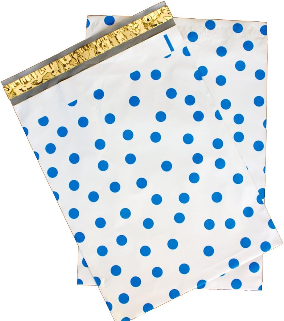 12" x 15" Designer Prints Flat Poly Mailers - Business Poly Envelopes (50 Pack, Blue Polka Dot)