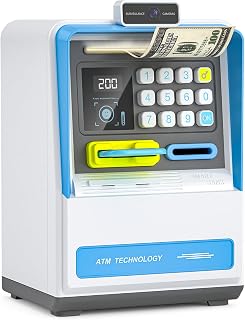 Summidate ATM Piggy Bank with Password Access, Automatic Bill Roller,Electronic Coin Money Bank for Kids, Coin Slot,Customizable Password - Smart Money Saving Box for Kids (Blue)