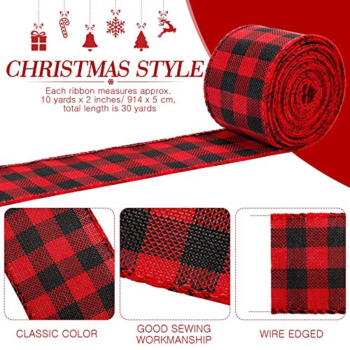 3 Rolls 30 Yards Christmas Wired Plaid Ribbon 2 Inches Gingham Buffalo Ribbon Burlap Fabric Craft Ribbon For Christmas Diy Wrapping Bow Craft Making (Red And Black, White And Black, Green And Black) #TOP2