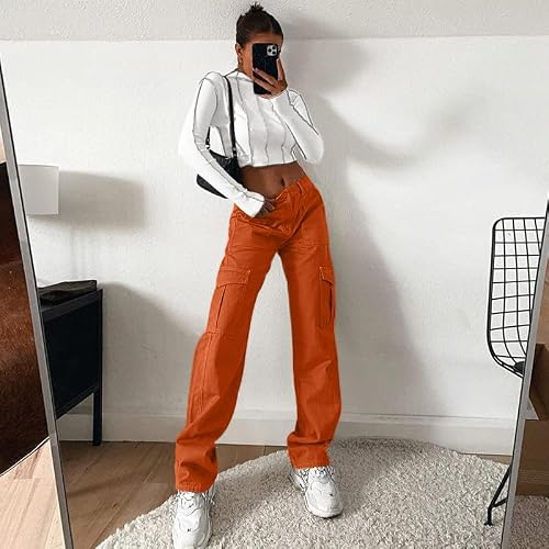 Lepunuo High Waist Stretch Cargo Pants Women Baggy Multiple Pockets Relaxed Fit Straight Wide Leg Y2K Pants Orange — view 5