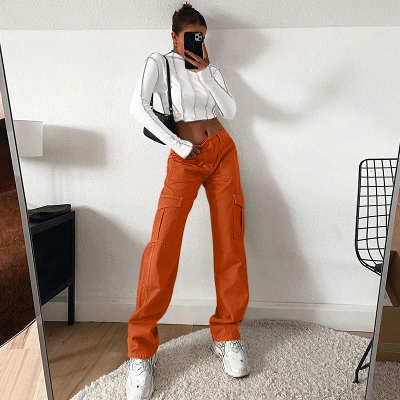 Image of Lepunuo Cargo Pants for Women High Waisted Casual Pants Baggy Stretchy Wide Leg Y2K Streetwear with 6 Pockets