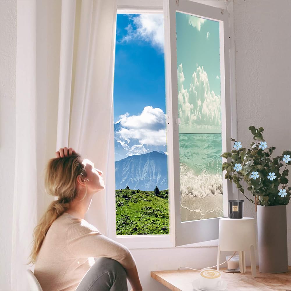 Modern Ocean View Buntglas-Fensterfolie, natürlicher schöner Strand, Retro, dekorative Milchglas-Sichtschutzfolie, Wärmeregulierung, statische Haftung, Fensteraufkleber, 90 x 140 cm