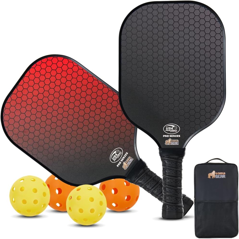 Gorilla Gear USAPA Pickleball Approved Paddle, Fiberglass Shock Absorbent Racket with Ergonomic Grip, Indoor Outdoor Pickle Ball Court Sports Accessories, Set of 2 Paddles 4 Balls and 1 Bag, Black Red