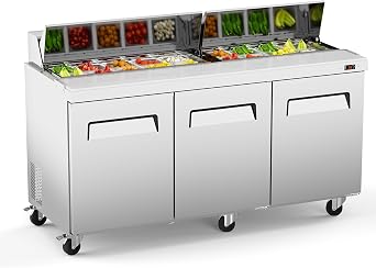 72" W Commerical Sandwich&Salad Prep Table Refrigerator, 3 Door Stainless Steel Prep Fridge with 18 Pans for Restaurant, Shop, Bar