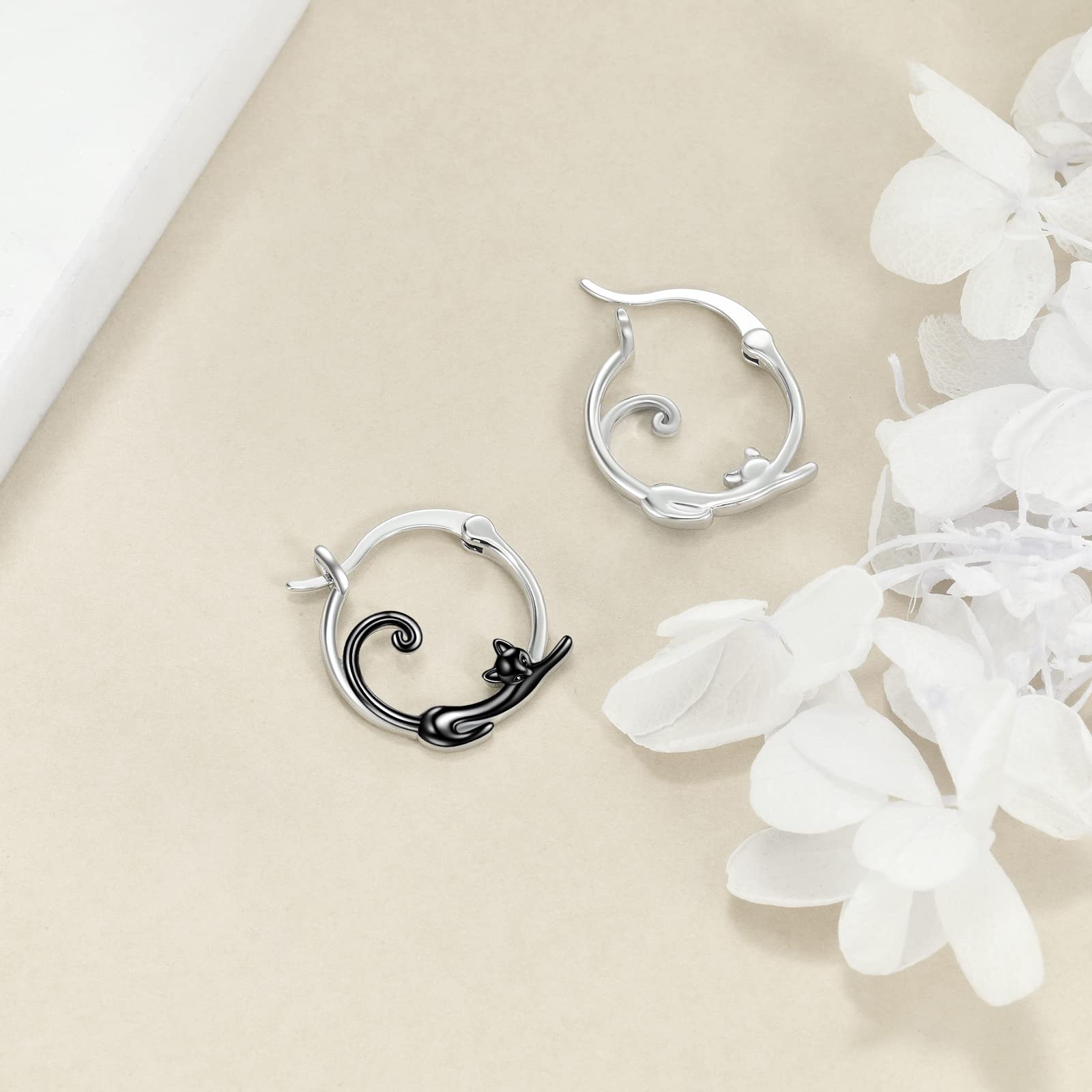 AXELUNA Pendientes de aro de plata de ley 925 con diseño de gato para mujer, regalos de joyería para orejas sensibles, plata de ley, plata de ley, Plata de ley, Plata de ley