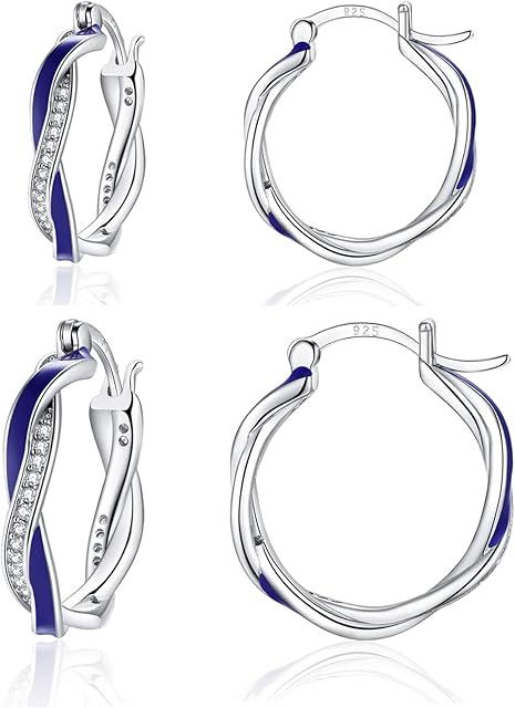 Sfoni Silver Hoop Earrings for Women - 925 Sterling Silver Twist Hoop Earrings, Cubic Zirconia Huggie hoop Earrings, Sizes 15/20mm.